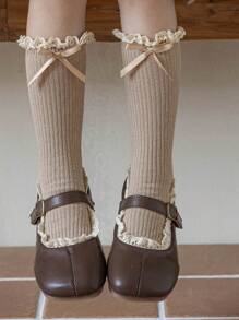 1/2 双女孩卡其色蕾丝边、荷叶边、蝴蝶结丝带、柔软针织面料、Ins 风格、公主、直筒长袜，适合派对、度假、休闲、学校、春夏、儿童礼物 - 卡其色 - 查看 2