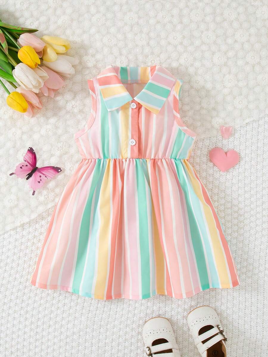 Baby Girls Colorful Striped Printed Sleeveless Button Front Dress With Collar - Multicolor - View 1