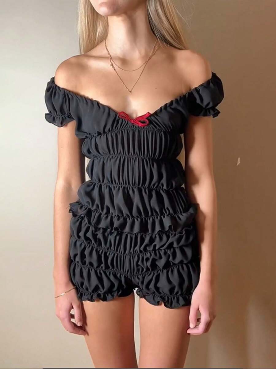 Women's Summer 2 Piece Outfits Short Sleeve Ruched Tops Solid Color/Plaid Shorts Set - Black - View 1