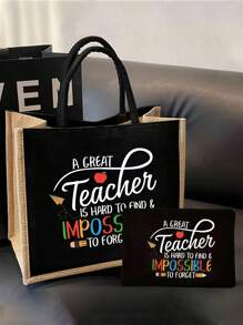 Creative Teacher Letter Printed Linen Handbag With Wallet Makeup Bag, Block Shopping Bag, Teacher Thanks Gift, Women's Linen Large Capacity Handbag. - Multicolor - View 3