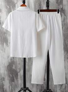2 Pieces Tween Boy Loose Casual Jacquard Stripe Woven Shirt And Pants Pocket Set - White - View 2