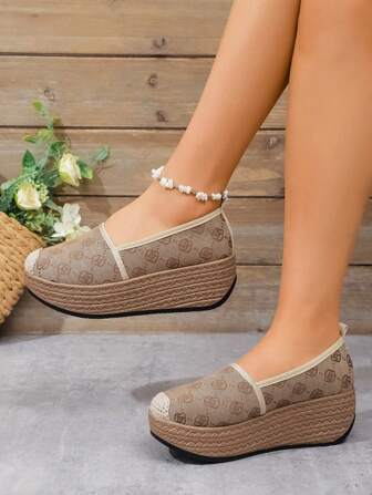 帆布透气圆头厚底低帮一脚蹬休闲鞋，复古厚底乐福鞋