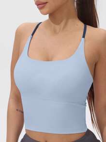 Women's Fixed Pads Colorblock Stretchy Yoga Sports Halter Top - 藍色 - 查看 5