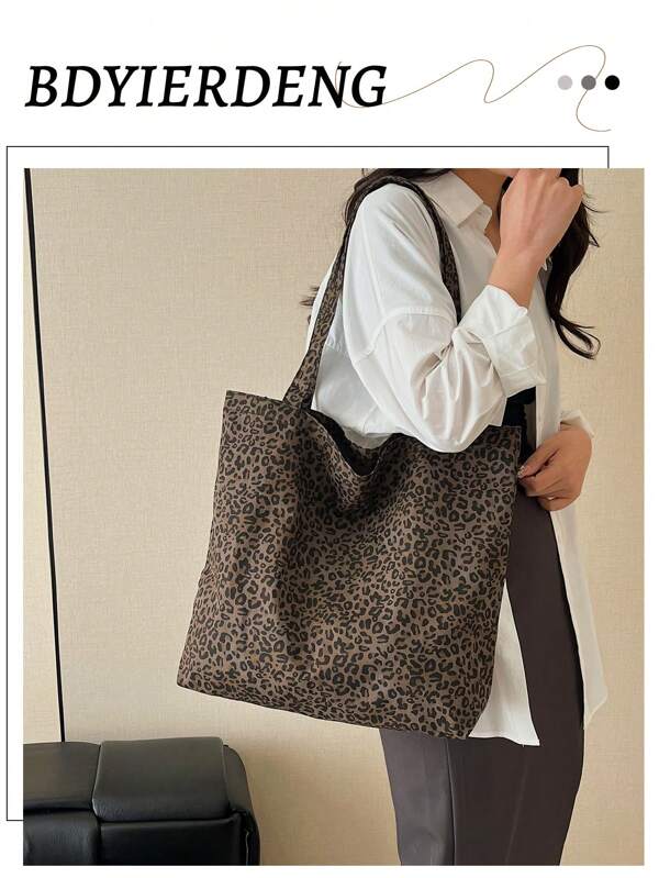 1pc Leopard Print Off-Shoulder Tote Bag, Fashionable Backpack With Large Capacity Canvas Material Beach Bag, Customizable