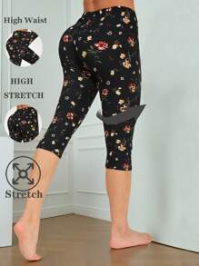 女士休闲时尚百搭 3/4 长度紧身裤，黄色花卉图案，柔软舒适弹力修身裤，适合健身、瑜伽、户外活动、居家、旅行