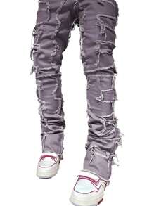 Men's Fashionable Creative Fringe Decorated Denim Jeans, Minimalist Style, Suitable For Summer - Dusty Purple - View 4