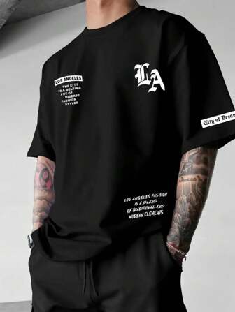 青少年时尚帅气对称洛杉矶字母印花创意轻便舒适短袖黑色T恤夏装