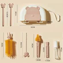 Ensemble de brosses portables pour bouteille avec ours, comprenant une brosse pour bouteille, une brosse pour tétine, une brosse pour paille, une brosse pour tasse, un support d'égouttage et une boîte de rangement de voyage