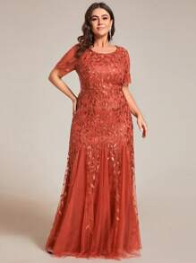 大尺碼女款優雅圓領短袖亮片美人魚印花晚禮服，適合正式場合、派對、婚禮賓客、晚餐聚會等 - 亮橙色 - 查看 1