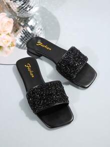 Plus Size Women's Slip-On Rhinestone Decor Open Toe Sandals, Casual Versatile Outdoor Plastic Flat Sandals Non-Slip, Ladies House Slippers For Spring/Summer