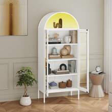 Metal Bookcase Bookshelf With Doors And Adjustable Shelves, 71" Tall Display Cabinet With LED Lights, 4 Tier Display Case For Home Office, Study Room, Collectibles