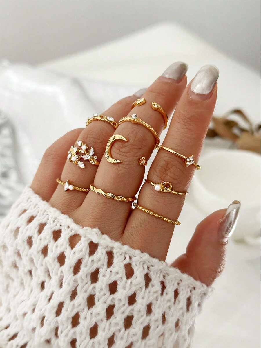 10pcs/Set Moon, Star, Leaf, Rhinestone, Pearl Decor Joint Rings, Boho Style Suitable For Women Daily Wear, Ideal Gift For Girlfriend, Best Friend, Party, Festival - Gold - View 1