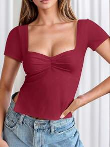 Summer Women's Red Short Sleeve Y2K Ruched Front Sexy T-Shirt Going Out Top - Burgundy - View 1