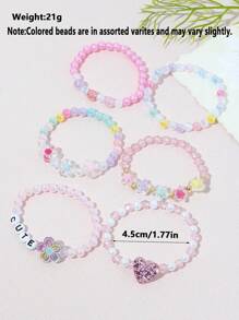 6pcs/Set Kids Flower Heart Word Beaded Bracelet Set, Random Colors
