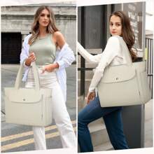 Tote Bag For Women Large Corduroy Handbags For Women With Zipper Pockets Laptop Work Bag For Business Shopping College - Beige - View 8