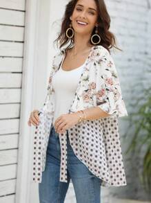 Cárdigan estilo kimono bohemio con estampado floral para mujer de PiePieBuy, manga 3/4 con volantes, ligero y holgado con lazo - Blanco - Ver 5