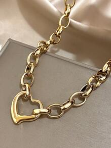 1 件时尚心形吊坠链项链，适合女士青少年女孩优雅粗不锈钢项链日常派对珠宝礼物 - 彩色 - 查看 2