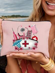Sac de rangement thème infirmière, sac de beauté, trousse de maquillage avec motif de casquette d'infirmière, tube à aiguille, pilule, sac de perfusion, stéthoscope - Un cadeau parfait pour les infirmières ! Peut ranger les cosmétiques, les outils de beauté, le vernis à ongles, les pilules et d'autres articles, adapté pour sortir