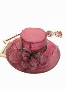 1pc Women's Polyester Mesh Breathable Elegant Casual Bucket Hat With Pearl Flower & Bow Decor, Suitable For Outing, Party And Daily Wear - Bow - View 2