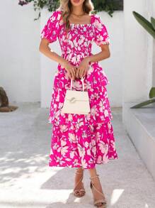 Women Summer Puff Short Sleeve Midi Dress Floral Printed Square Neck Smocked Dress Ruffle Tiered Flowy Long Dress Casual Spring Holiday Vacation Garden Boho Bohemian Wedding Guest Valentine Maxi Dress - White Rose Red Flower - View 4