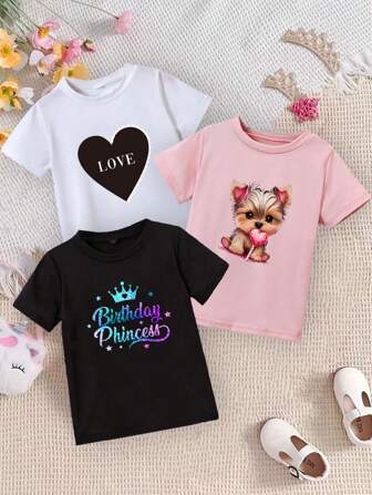 3 件女童熊、口号、小猫印花休闲圆领短袖 T 恤，适合春夏秋季时尚服装