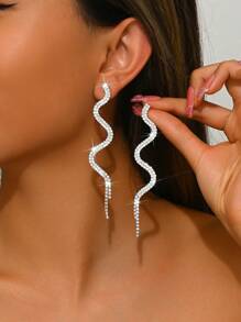 1 Pair Fashionable Copper Chain Snake Shaped Long Tassel Crystal Dangle Earrings, Chic Style For Women Party - Silver - View 1