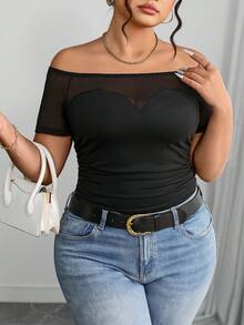 Women Plus Size Off-Shoulder Mesh Patchwork Fitted Top, Casual Everyday Wear - Black - View 5