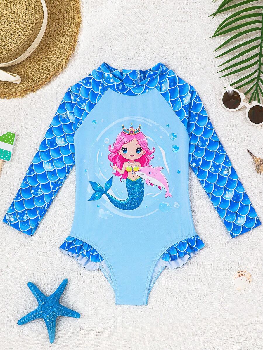 1pc Girls' Round Neck Long Sleeve Zipper Mermaid Scale Print Swimsuit - Royal Blue - View 1