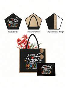 Creative Teacher Letter Printed Linen Handbag With Wallet Makeup Bag, Block Shopping Bag, Teacher Thanks Gift, Women's Linen Large Capacity Handbag. - Multicolor - View 8