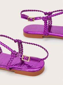 Purple PU Leather Handwoven Strap Handmade Woven Panel Stone Texture Design Ladies Flat Sandals, Random Woven Texture, Random Stone Texture - Purple - View 7