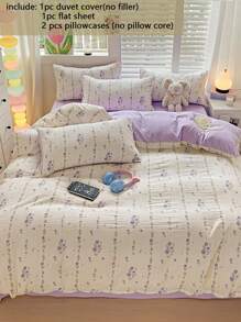 4pcs Bedding Set, Soft Lavender Print Duvet Cover, Suitable For Double Bed Or Single Dorm, Daily Use Beddings Include 1 Duvet Cover, 1 Flat Sheet, 2 Pillowcases (Filler Not Included)