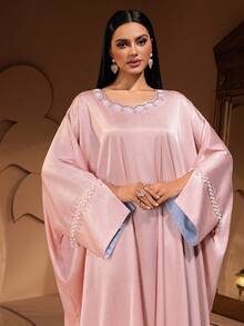 New Fashionable Luxury Elegant Pearl Embroidered Lace Collar Tassel Splice Women's Arabic Robe - Pink - View 7