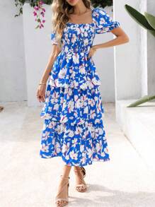 Women Summer Puff Short Sleeve Midi Dress Floral Printed Square Neck Smocked Dress Ruffle Tiered Flowy Long Dress Casual Spring Holiday Vacation Garden Boho Bohemian Wedding Guest Valentine Maxi Dress - 藍色花 - 查看 5