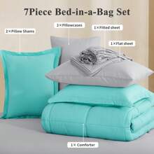 5/7pcs Reversible Comforter Set With Sheets, All-Seasons Bed In A Bag,Twin/Full/Queen/King Size, Thread Count 300, Lightweight, Machine Washable - Màu ngọc lam và màu xám - Xem 7