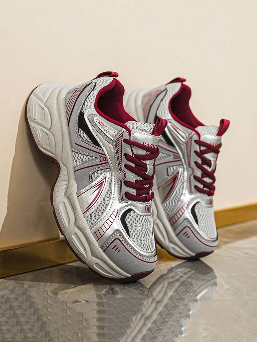 Women's Platform Sneakers, Comfy Breathable Lightweight Casual Sport Chunky Chunky Sneakers, All Season - Burgundy - View 1