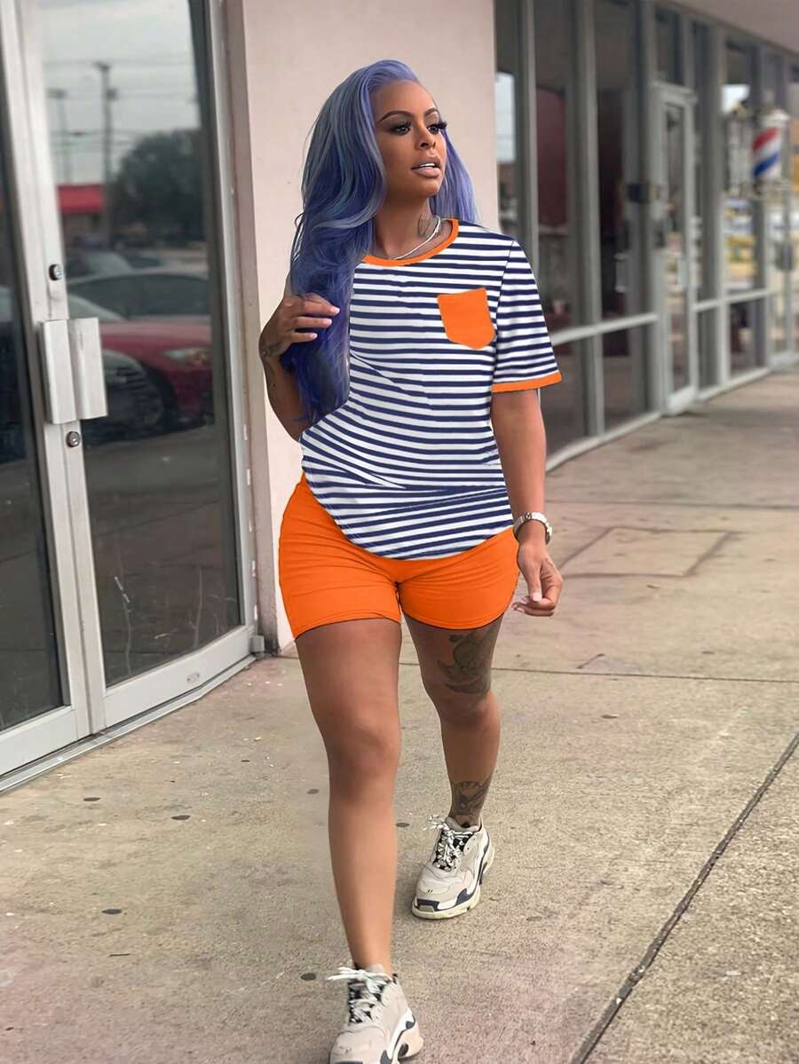 2pcs Summer New Fashion Striped Print Casual Sportswear Set For Women - Orange - View 1