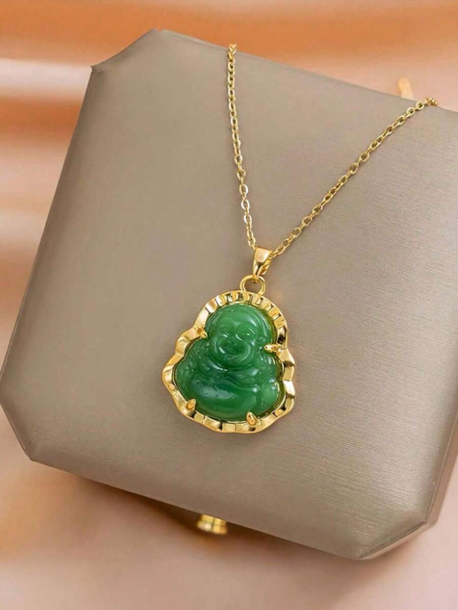 1 collier pendentif Bouddha en jade élégant rétro (l'emballage n'inclut pas de boîte-cadeau)