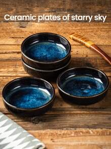 4pcs Night Sky Ceramic Dish Set, Blue Kiln Transformation, Unique Color, 3.5 Inches, Dipping Dish, Snack Dish, Seasoning Dish, Side Dish, Suitable For Home, Restaurant, Restaurant, Banquet Hall, Multi Functional Use, Suitable For Oven, Microwave, Disinfection Cabinet, Dishwasher Safety, Stackable Storage, Save Cross Border