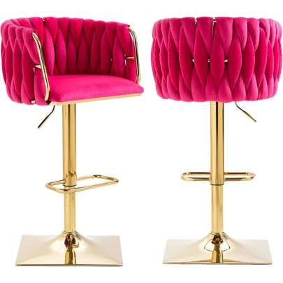 Modern Velvet Swivel Bar Stools Set Of 2, Hand Woven Backrest, Comfy Adjustable Counter Height Barstools With Gold Square Base For Counter, Kitchen Island, Cafe, Pub