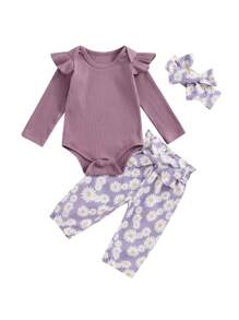 Baby Girls 3 Piece Outfit Long Sleeve Ruffled Ribbed Romper Daisy Print Lacing Pants Hairband Set - Purple - View 7