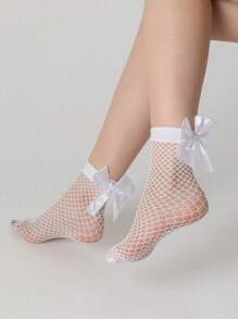 1 paire de bas à nœud papillon en maille pour enfants, style princesse avec chaussettes en soie blanche et chaussettes en résille noire, pour adolescents