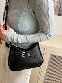 Túi đeo vai hình lưỡi liềm thanh lịch dành cho nữ, thời trang giản dị sang trọng, túi đeo nách màu trơn - màu đen - Xem 5