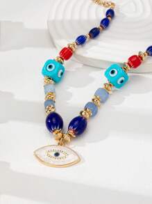 1 件手工制作蓝色玻璃珠邪眼项链，波西米亚风格女士珠宝套装（颜色和形状可能略有不同）