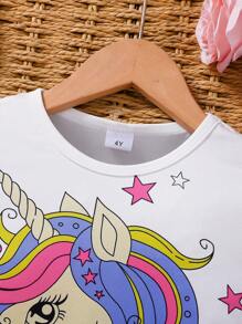 Young/Young Girl Unicorn Graphic T-Shirt And Start Pattern Leggings,Comfortable & Stylish Outfit For Daily Wear,Outdoor,SportsSpring/Summer Unicorn