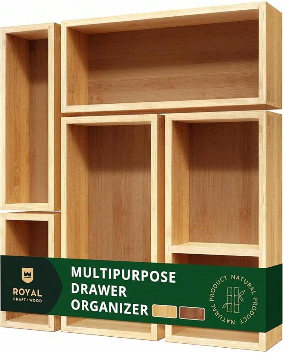 5-Piece Bamboo Drawer Organizer Set – Multi-Use Storage Trays For Kitchen, Bathroom, Office, Makeup, Jewelry & More – Junk Drawer Tray, Utensil Holder, Storage Box & Bin Set (5 Boxes) - 5 Boxes - View 1