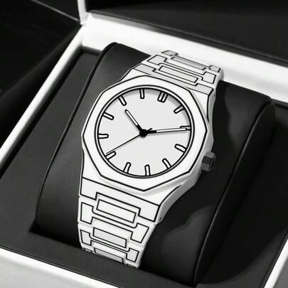 1 男士休闲素描条纹石英表，圆形表盘，模拟显示，塑料表壳和表带，电池供电（不可充电），建议定期保养，节日派对礼物