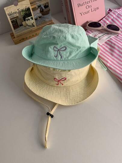 1pc Solid Color Breathable Quick-Dry Bucket Hat, Cute Bow Decor, Lightweight Wide Brim Sun Protection Beach Hat For Girls, Suitable For Spring/Summer
