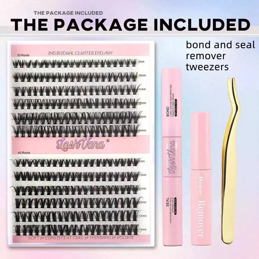 DIY Eyelash Extension Kit, Lash Cluster Mix With Lash Bonding & Stamp & Lash Applicator Tool For Self Application At Home Eyelashes Lashes Extensions - Pink - View 1