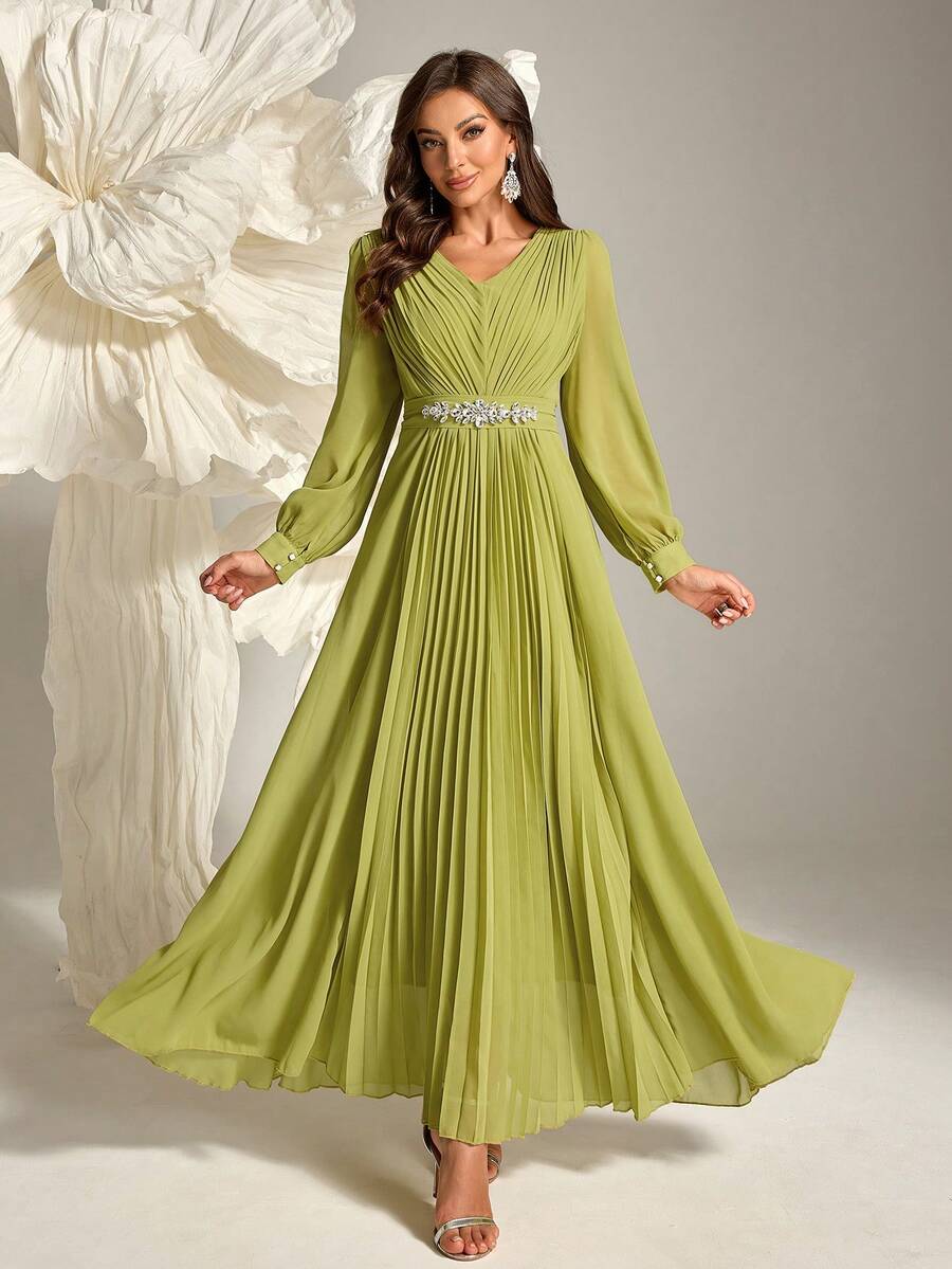 Women V-Neck Long Sleeve Ruched Elegant Party Dress With Rhinestone Decoration, Wedding Guest Dress, Formal Dress, Evening Dress, Gown