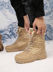 Men's Solid Color Faux Leather Spliced Thick Warm Anti-Slip Snow Boots, Outdoor Versatile Couples Big Size Snow Sports Shoes,